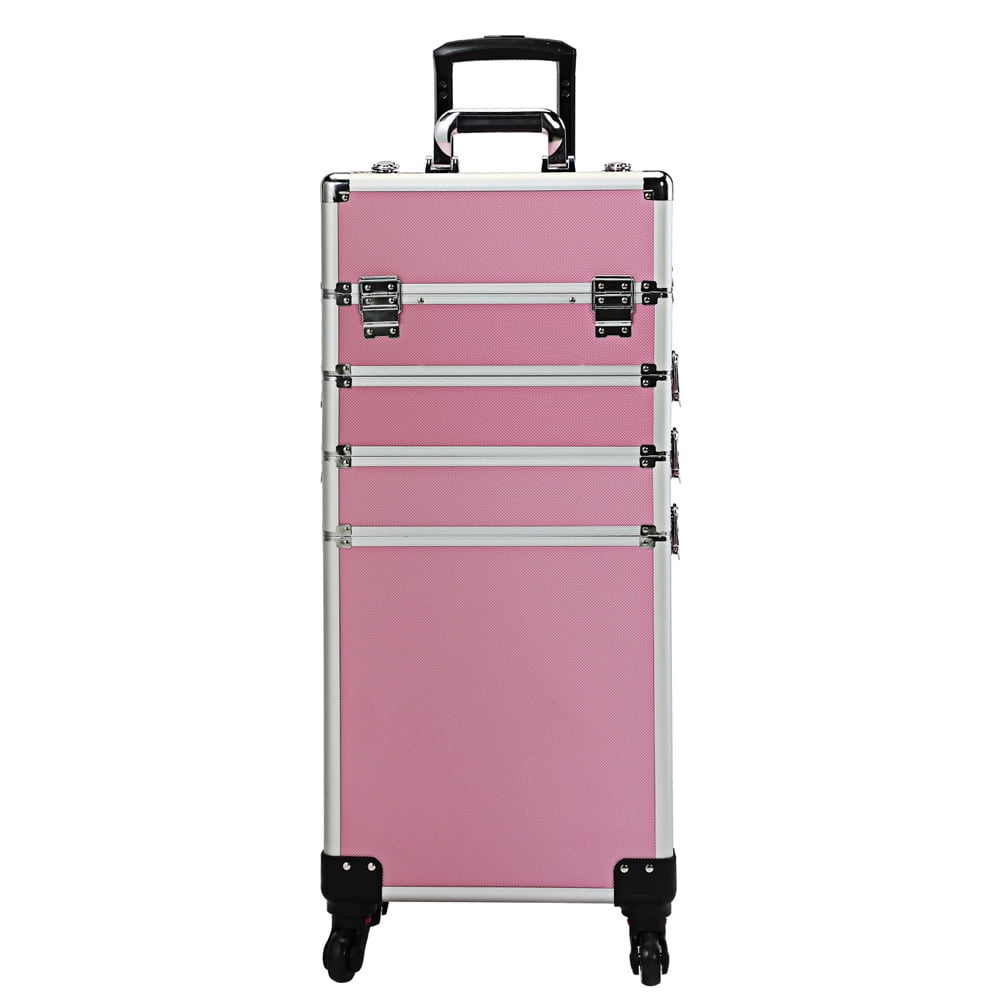 Cosmetic Case on Wheels, Sesslife Aluminum Pro Rolling Makeup Case, Detachable Makeup Organizer Beauty Tools, Makeup Trolley Train Case in Pink for Cosmetic Jewelry Storage, X3031