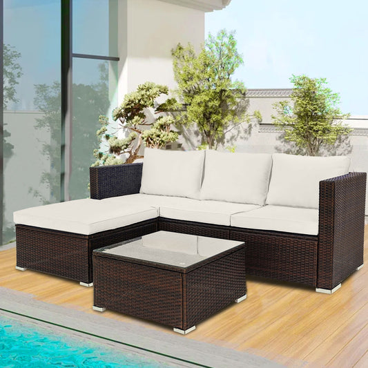 5 Piece Outdoor Furniture Set, Sesslife Patio Sectional Sofa Set with Coffee Table, Ottoman, Rattan Patio Furniture Set for 3-4, Garden Conversation Set with Beige Cushions, Steel Frame, Brown Wicker