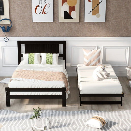 SESSLIFE Platform Bed with Adjustable Trundle, Wood Full Bed Frame with Headboard for Kids Teens Adult, Convertible 2-in-1Modern Beds for Bedroom Guest Room, No Box Spring Needed, Espresso, X2152