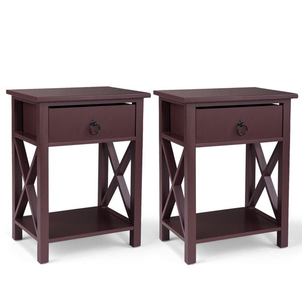 Set of 2 Nightstand for Bedroom, SESSLIFE Wooden Bedside Table with Storage Drawer and Shelf, Brown Night Stand Living Room End Side Table, 2 PCS Sofa Tables Bedroom Furniture Set, X2722