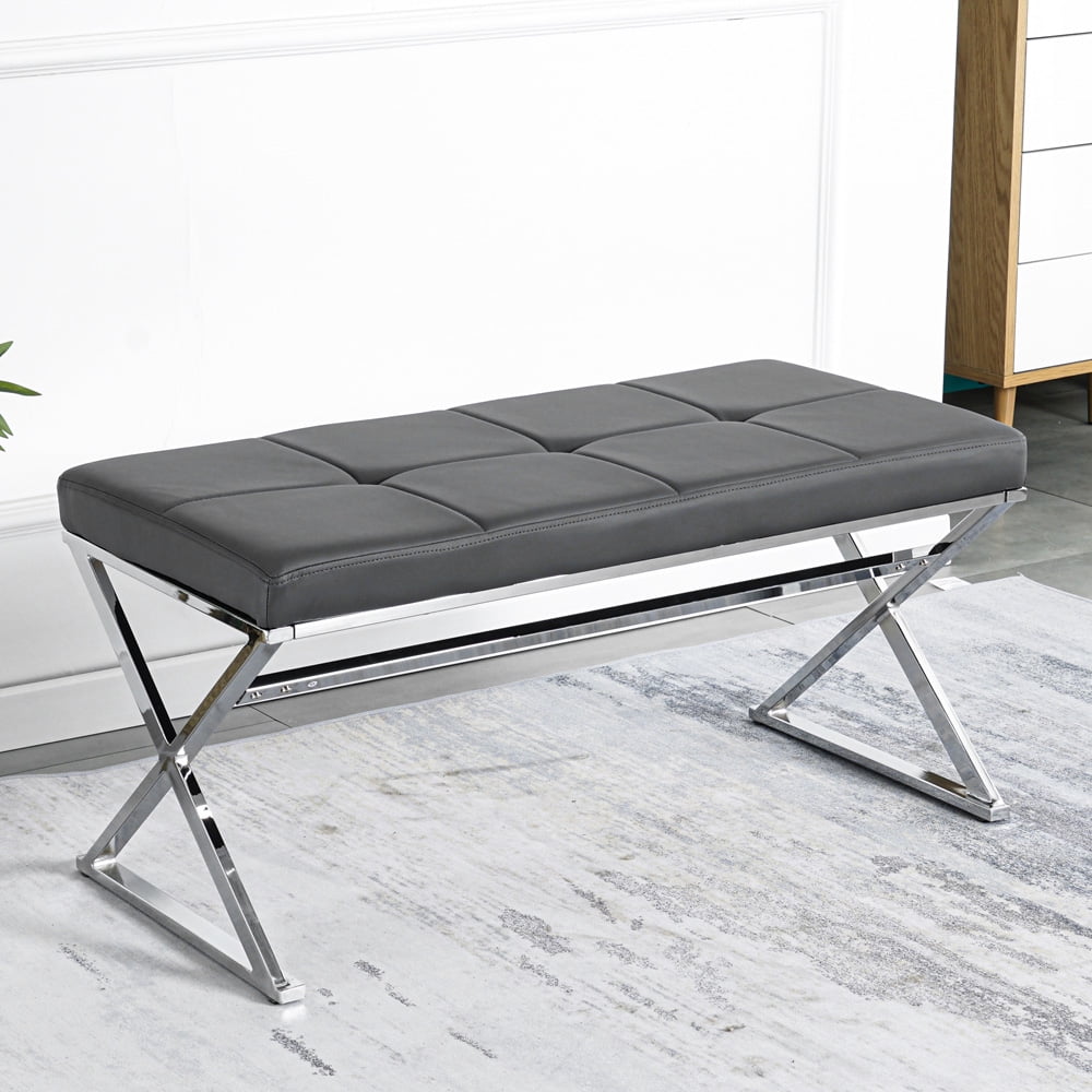 Entryway Bench with PU Seat, SESSLIFE Modern Bedroom Bench with Metal Legs and 300 LBS Weight Capacity, Upholstered Bench 37.6"L x 19.9"W x 18.1"H, Gray