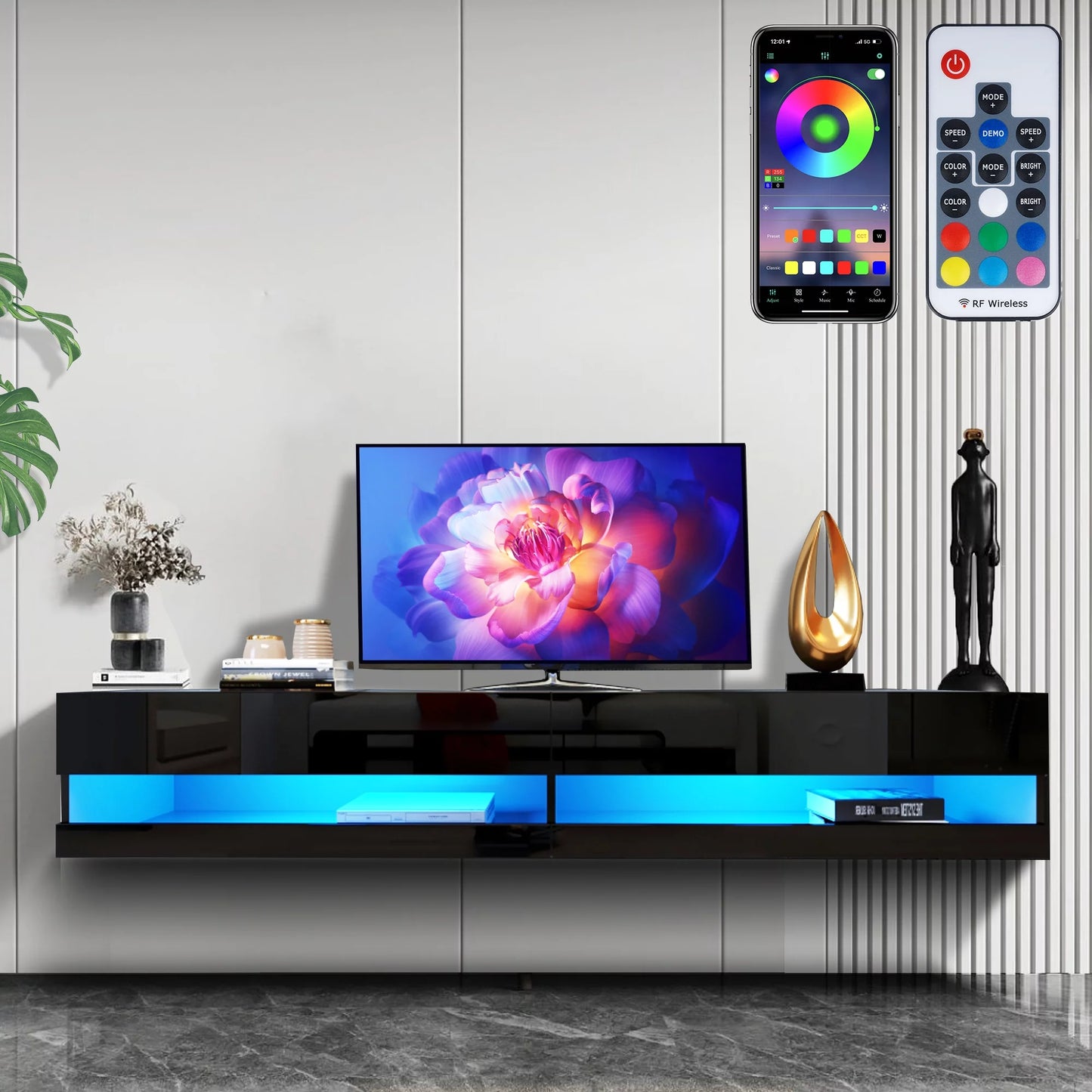 Sesslife Floating TV Stand Wall Mounted, LED Entertainment Center with Storage Cabinets, TV Stand for 80 Inch TV, Gaming Entertainment Center Console Table with Lights, Black