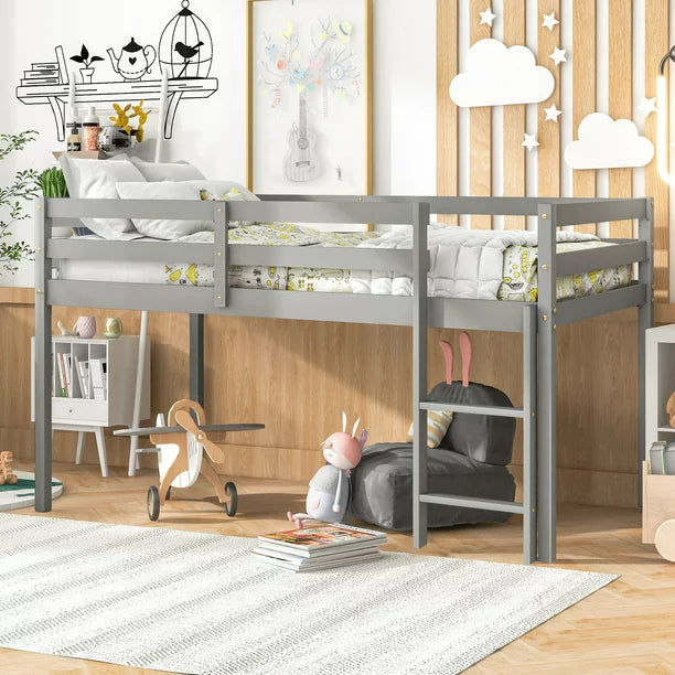 Sesslife Low Loft Bed, Wood Twin Loft Bed Frame with Ladder and Guardrails, No Box Spring Required, Easy Assembly (White)
