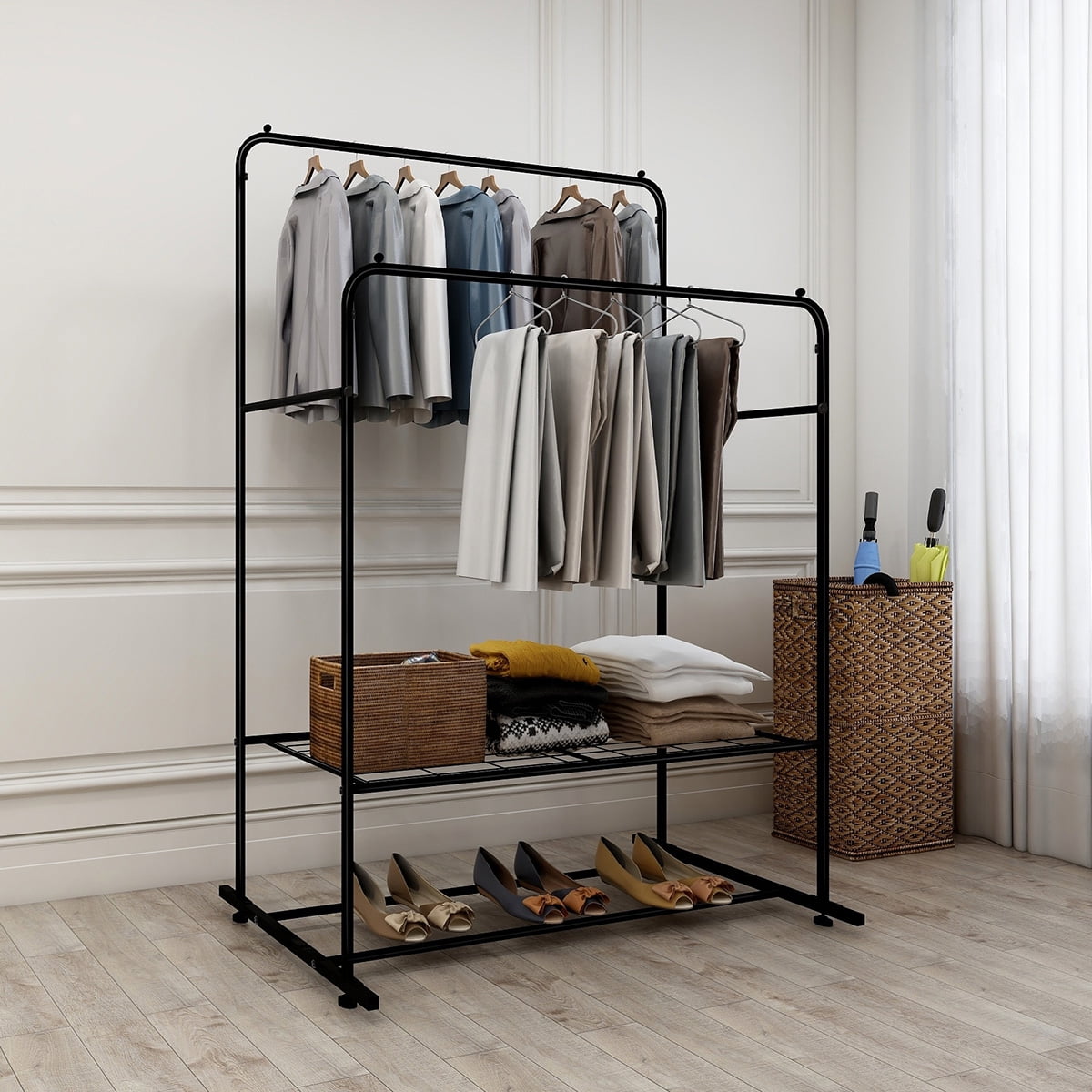 SESSLIFE Metal Double Rod Clothes Rack with Shelves, Multi-functional Bedroom Clothing Rack, Modern Garment Rack for Bedroom Showrooms Laundries, 43.3" Freestanding Hanger, Black, X1086