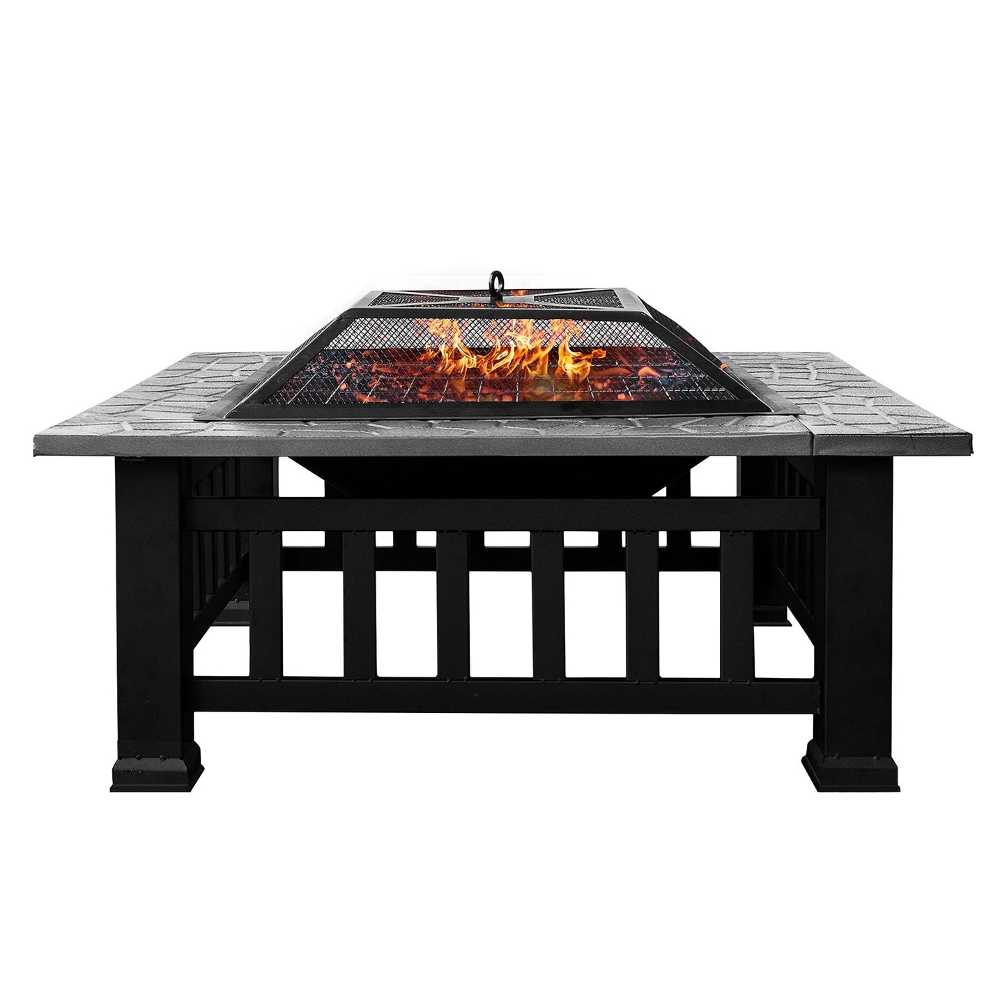 SESSLIFE Outdoor Fire Pits, 32" Square Fire Pit Table, Fire Pit Wood Burning with Accessories, Safe Mesh Lid, Steel Frame Fire Pit, Patio Set Firepit/Grill/Ice Bucket, Antique Gray, X744