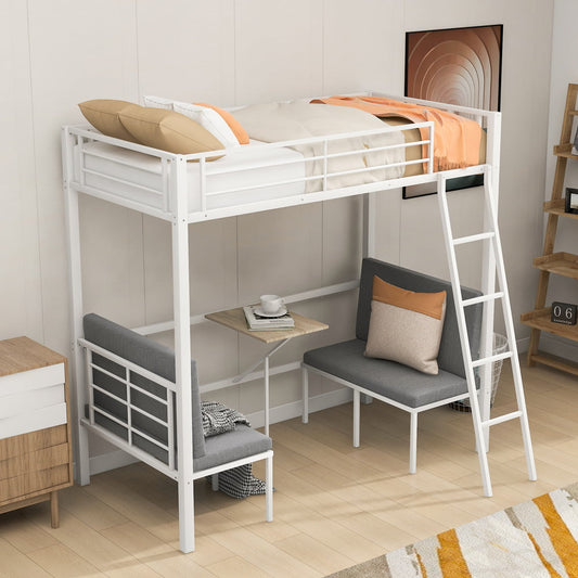 Twin Size Loft Bed White, SESSLIFE Metal Loft Bed with Table and Padded Chairs, Twin Loft Bunk Bed with Ladder, Full-length Guardrail, No Box Spring Needed, Twin Bed Frame for Kids Teens Adults, X1945