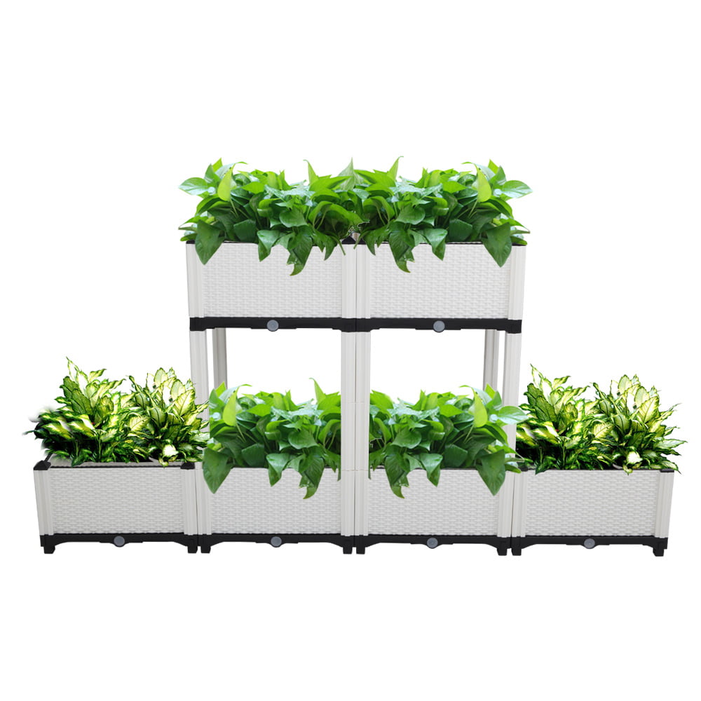 6Pcs Planting Box, Sesslife Raised Garden Beds Outdoor Indoor Use, Elevated Planter Box with Self-Watering and Drainage Holes, Plastic Garden Beds for Flower Vegetable Herb Grow, White