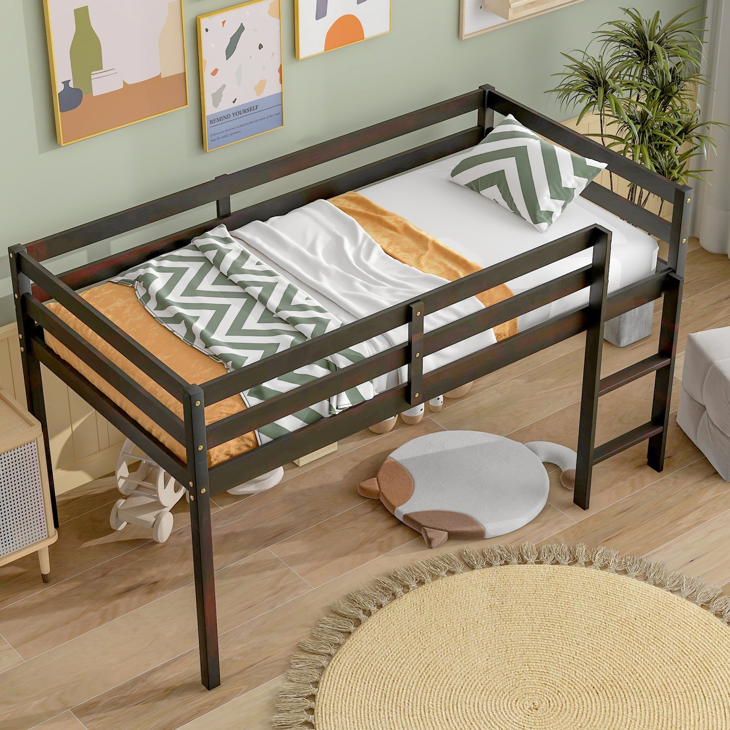 Sesslife Solid Wood Twin-Size Low Loft Bed, Wood Low Sturdy Loft Bed for kids, Espresso