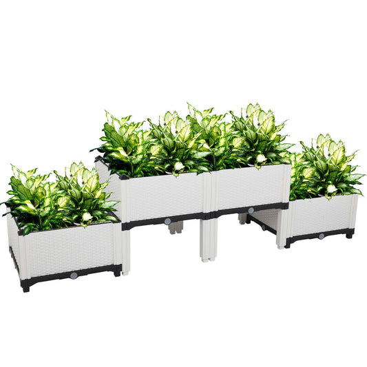 4 Pcs Planting Box, Sesslife Raised Garden Beds Outdoor Indoor Use, Elevated Planter Box with Self-Watering and Drainage Holes, Plastic Garden Beds for Flower Vegetable Herb Grow, White