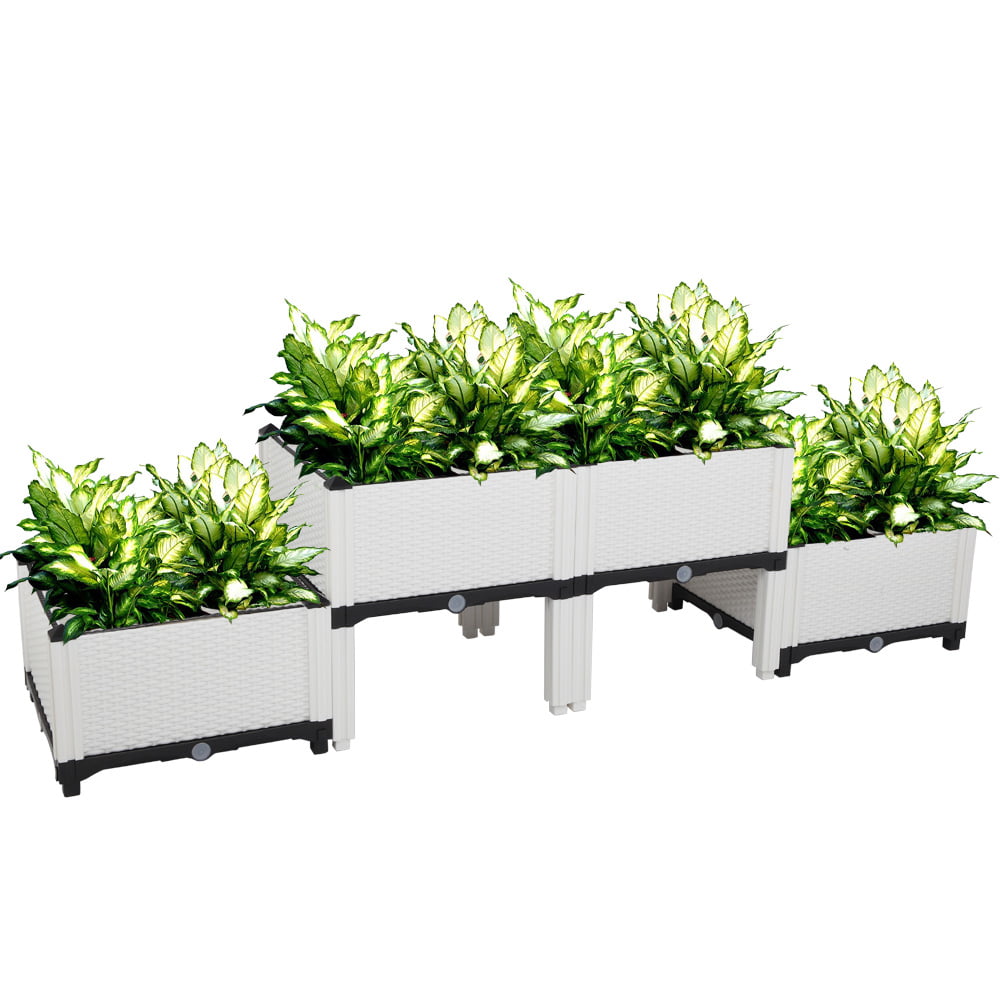 Plastic Raised Garden Bed Set of 4, Sesslife Elevated Planter Box with Drainage Holes, Self-Watering, Elevated Garden Bed for Indoor Outdoor Planting, White