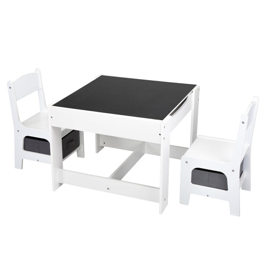 3 Piece Activity Table Play Set for Kids Toddler, SESSLIFE Wooden Storage Table and Chairs Set with Blackboard, White, X685