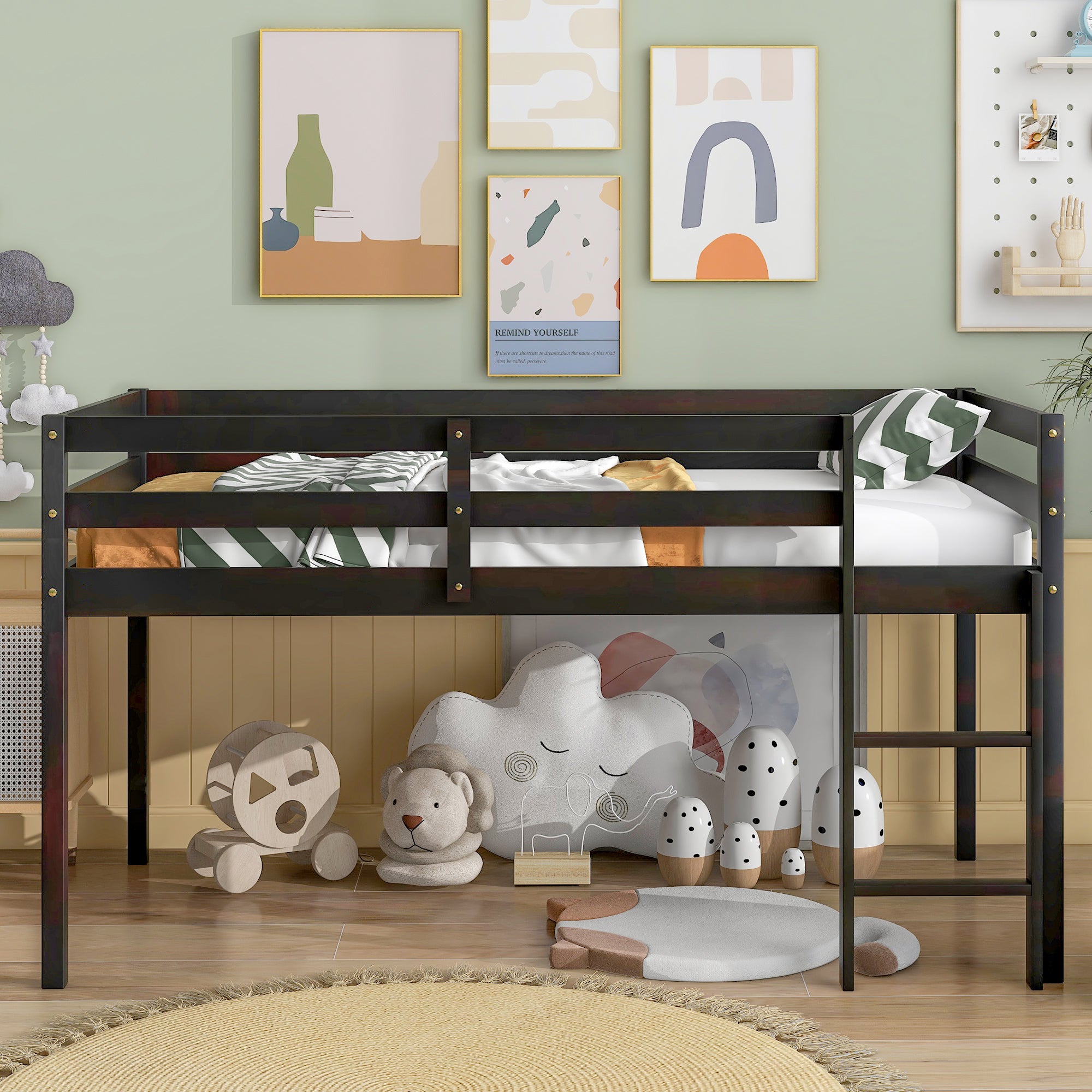 Sesslife Solid Wood TwinSize Low Loft Bed, Wood Low Sturdy Loft Bed f