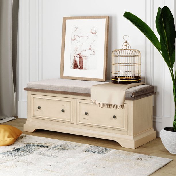 Sesslife Wood Storage Bench, Entryway Shoe Bench with Cushioned Seat and Two Drawers, Modern Entryway Furniture, Beige