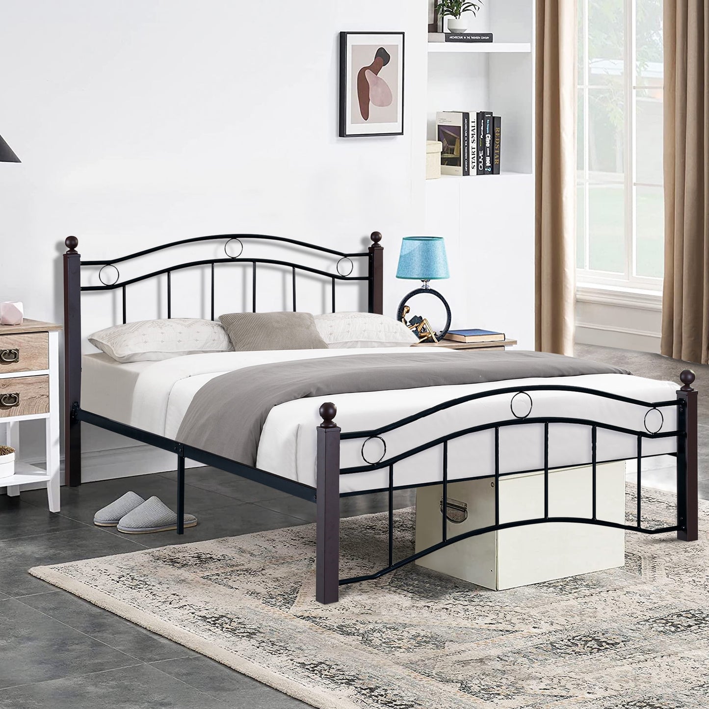 Full Size Bed Frame with Headboard, SESSLIFE Classic Metal Platform Bed Frame with Mattress Foundation, No Box Spring Needed, Easy Set Up Steel Structure for Adults Teens Kids, Black, X2547