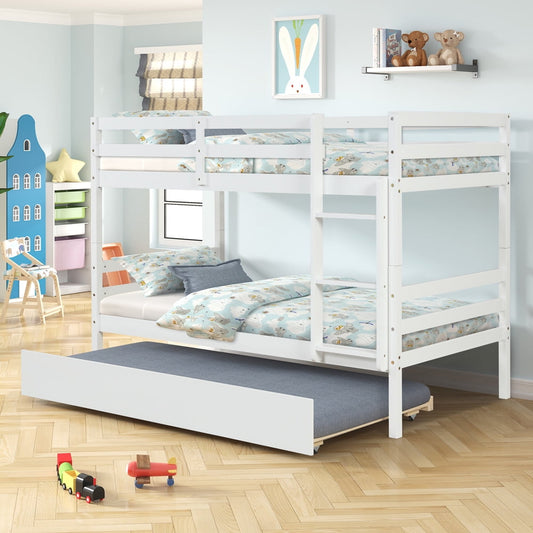 Sesslife Twin Bunk Bed with Trundle, Solid Wood Bunk Bed with Ladder and Guardrail, White Twin over Twin Bunk Bed for Kids Teens Adults, Space Saving Bedroom Furniture