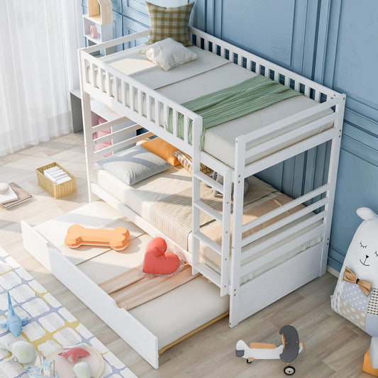 Wood Bunk Bed with Trundle, SESSLIFE Twin Over Twin Bunk Bed with Ladder and Full-length Guardrails, Twin Bed Frame with Slats, No Box Spring Need, Kids Teens Bed Frame for Bedroom Dorm, White, X2099