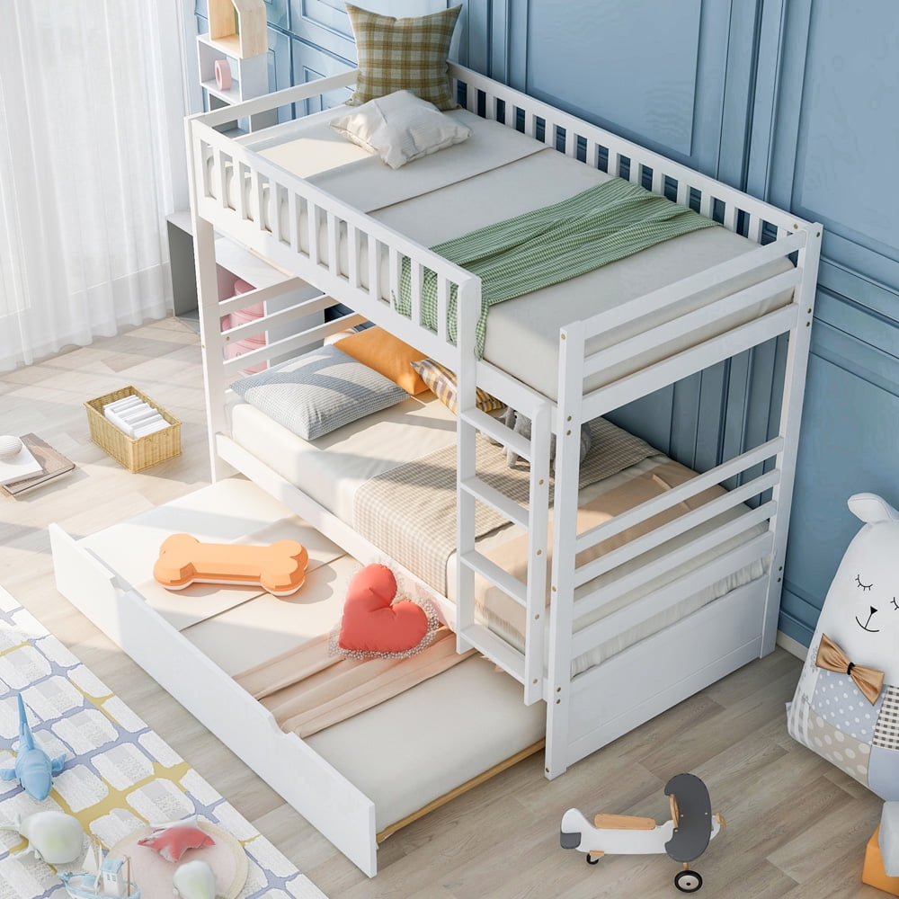 Kids Bunk Bed with Trundle, SESSLIFE Wood Twin Over Twin Bunk Bed/Convertible TwoTwin Beds, Bunk Bed with Ladders, Guardrails, Slats Support, Boys Girls Bedroom Furniture, Space Saving, White, X2102