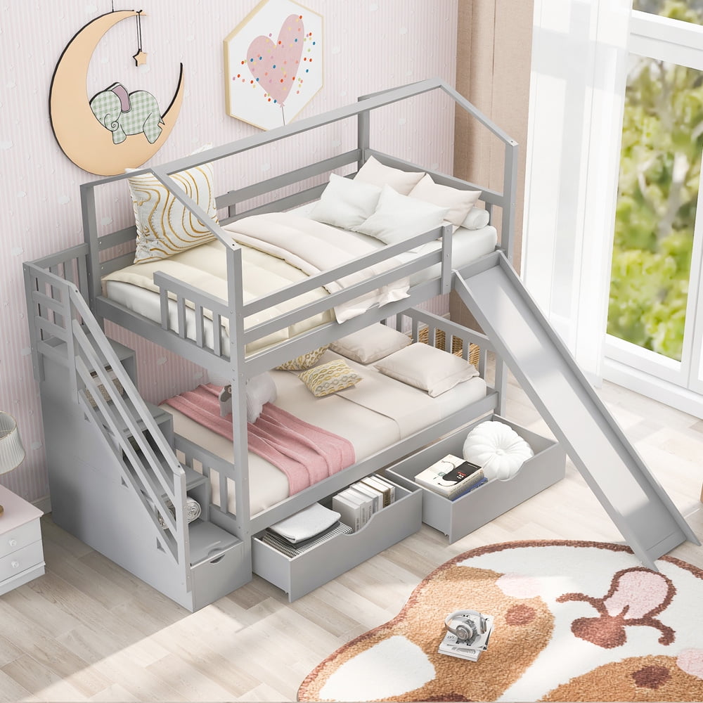 Bunk Bed with Drawers, Sesslife Twin over Twin House Bunk Bed with Slide for Kids, Wood Bunk Bed Frame with Storage Staircase / Guardrail / Slats, Twin Bed Frame No Box Spring Needed, Gray, X2950