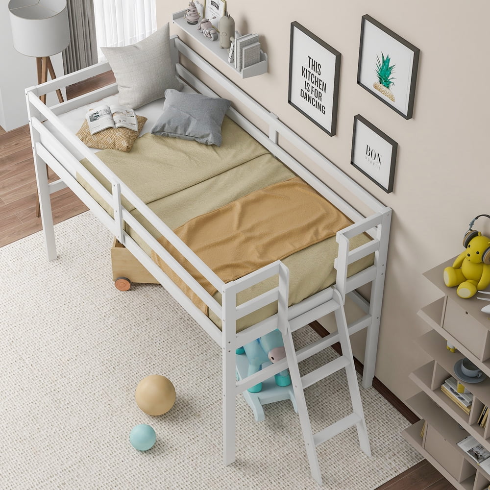 Low Loft Beds, SESSLIFE Twin Loft Bed with Ladder and Safety Guard Rails, Wood Twin Bed Frame No Box Spring Needed for Boys Girls, Kids Bedroom Furniture, Easy Assembly & Space Saving, White