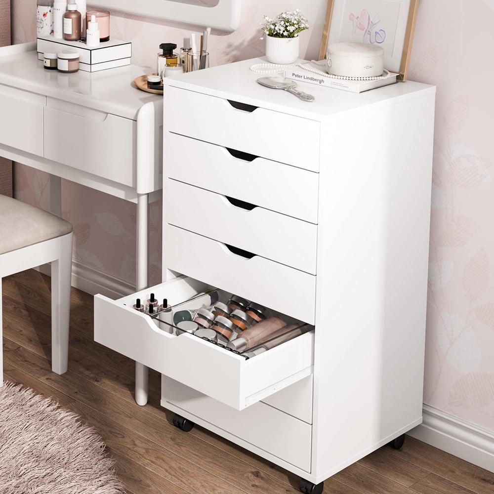 Sesslife Wood Dresser for Bedroom, 7 Drawer Dresser with 360¡ã Removable Casters for Living Room Office, White Chest of Drawers, Modern Storage Cabinet 18.9"L x 15.7"W x 34.5"H