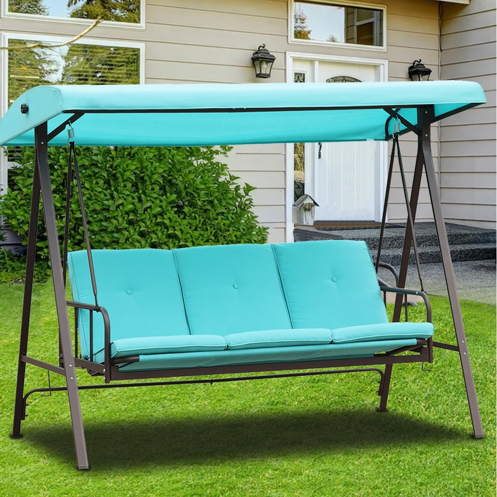 Porch Swing with Canopy, 3-Seat Patio Swing Chairs for Backyard Porch, Converting Canopy Swing Chairs with Adjustable Canopy and Cushions, Steel Outdoor Porch Swing Bed, Blue