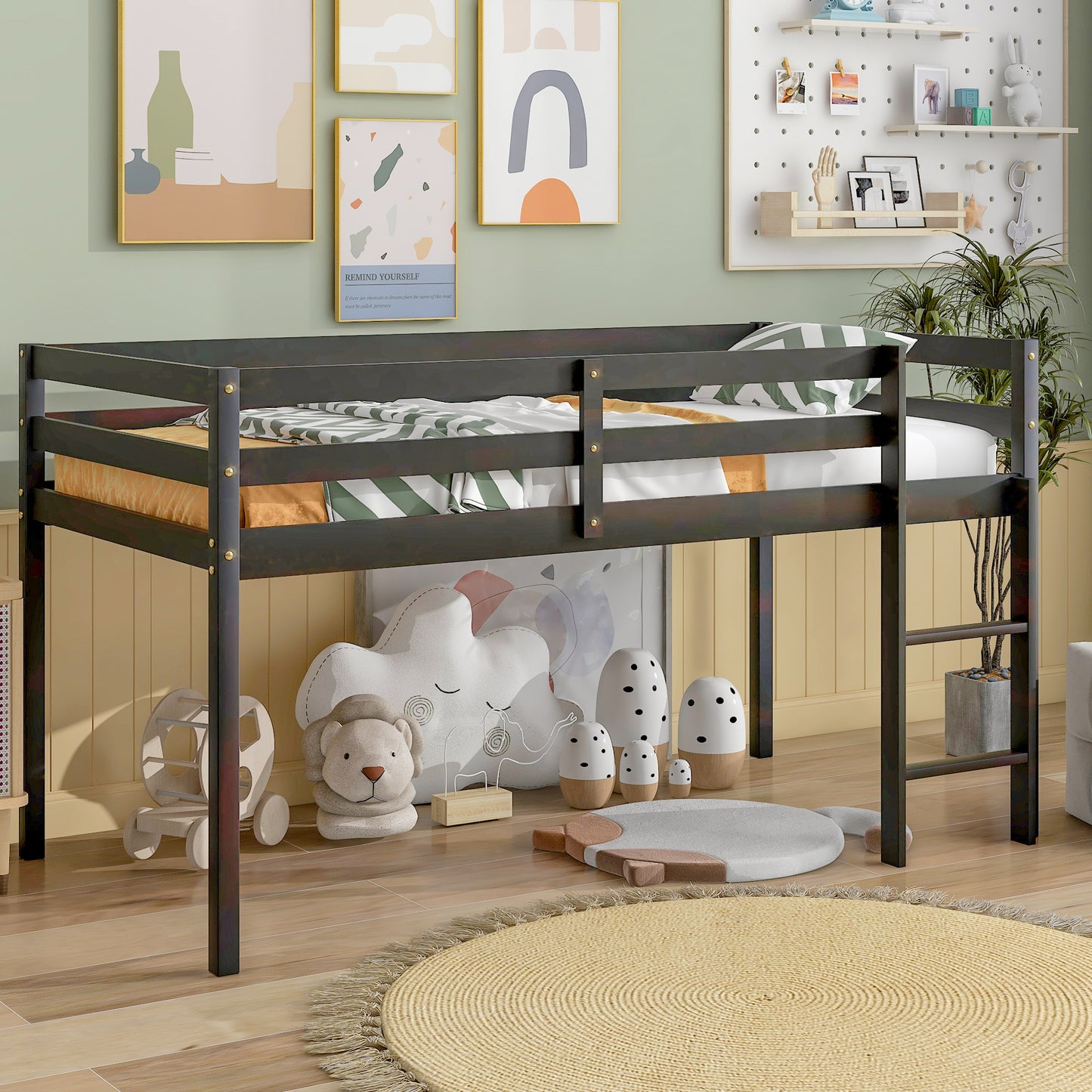 Sesslife Solid Wood Twin-Size Low Loft Bed, Wood Low Sturdy Loft Bed for kids, Espresso