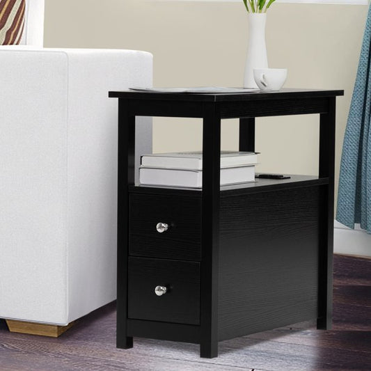 Side Table with Drawers and Charging Station, Sesslife Wood Narrow End Table with Storage for Living Room, Modern Nightstand for Bedroom, Black