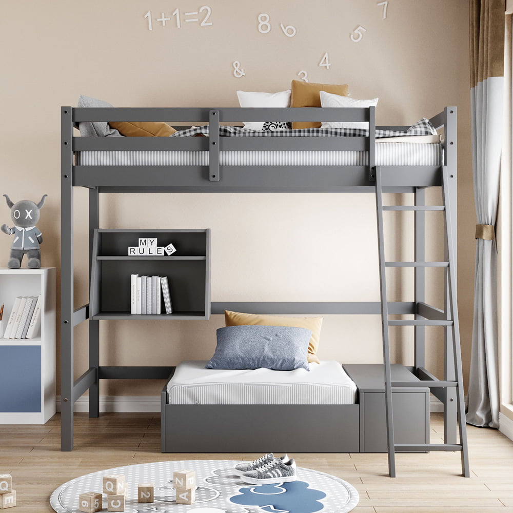 Sesslife Twin Loft Bed Wood, Kids Loft Bed with Convertible Lower Bed, Storage Drawer and Shelf, Gray Loft Bed with Storage for Kids Boys Girls, Modern Bedroom Furniture