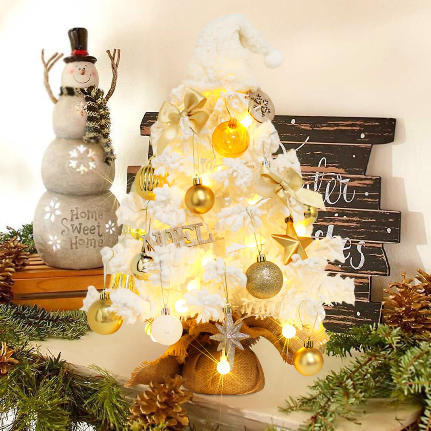 SESSLIFE Mini Christmas Tree for Tabletop, 20 Inches Table Top Christmas Trees with Lights, Ornaments, Small Flocked Christmas Tree for Desk Tabletop, Indoor Christmas Tree Decorations, White
