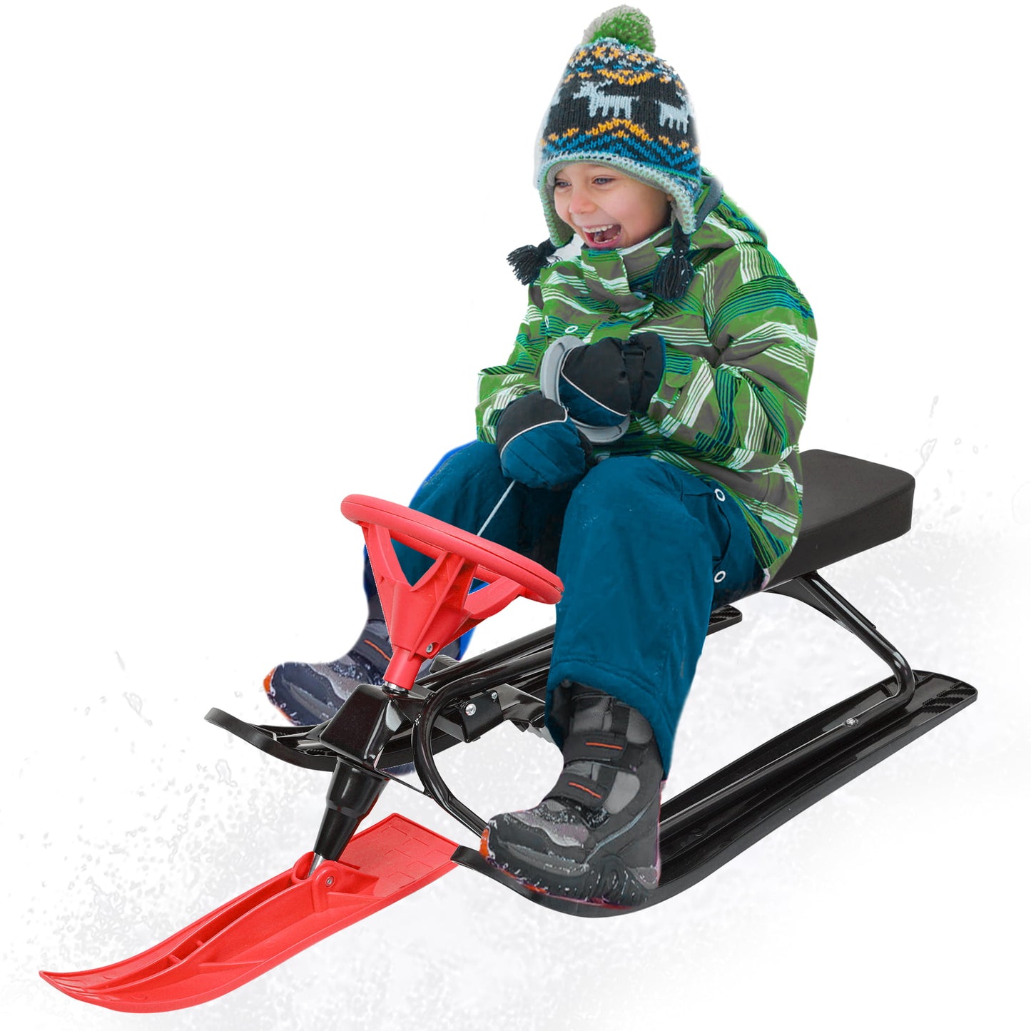 Sesslife Snow Racer Sled with Steel Frame, Pull Rope & Twin Brakes for Kids Age 4 & up, Red