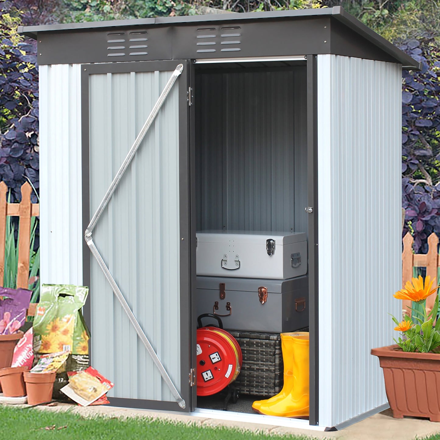 Sesslife Outdoor Storage Shed, 60 x 31 Inch Aluminum Tool Storage House with Lockable Door and Vents, Outside Garden Storage Room with Pent Roof for Backyard Lawn Patio, Gray, X3229