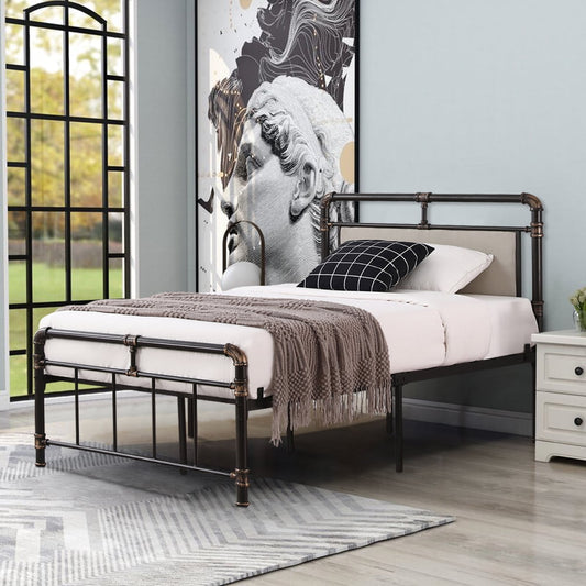 Black Gold-Painted Iron Bed Frame, SESSLIFE Twin Bed Frame with Headboard and Footboard, Bed Frame No Box Spring Needed for Kids Adults Bedroom, Platform Bed 13" UnderBed Space, X2731