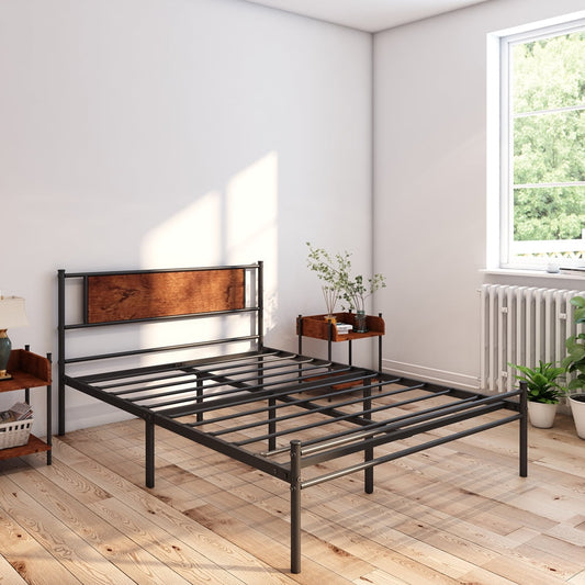 Queen Bed Frame with Wood Headboard, Sesslife Queen Platform Bed Frame No Box Spring Needed, Rustic Style Metal Bed Frame with 900 LBS Capacity for Adults Kids Teen, Bedroom Furniture, Black