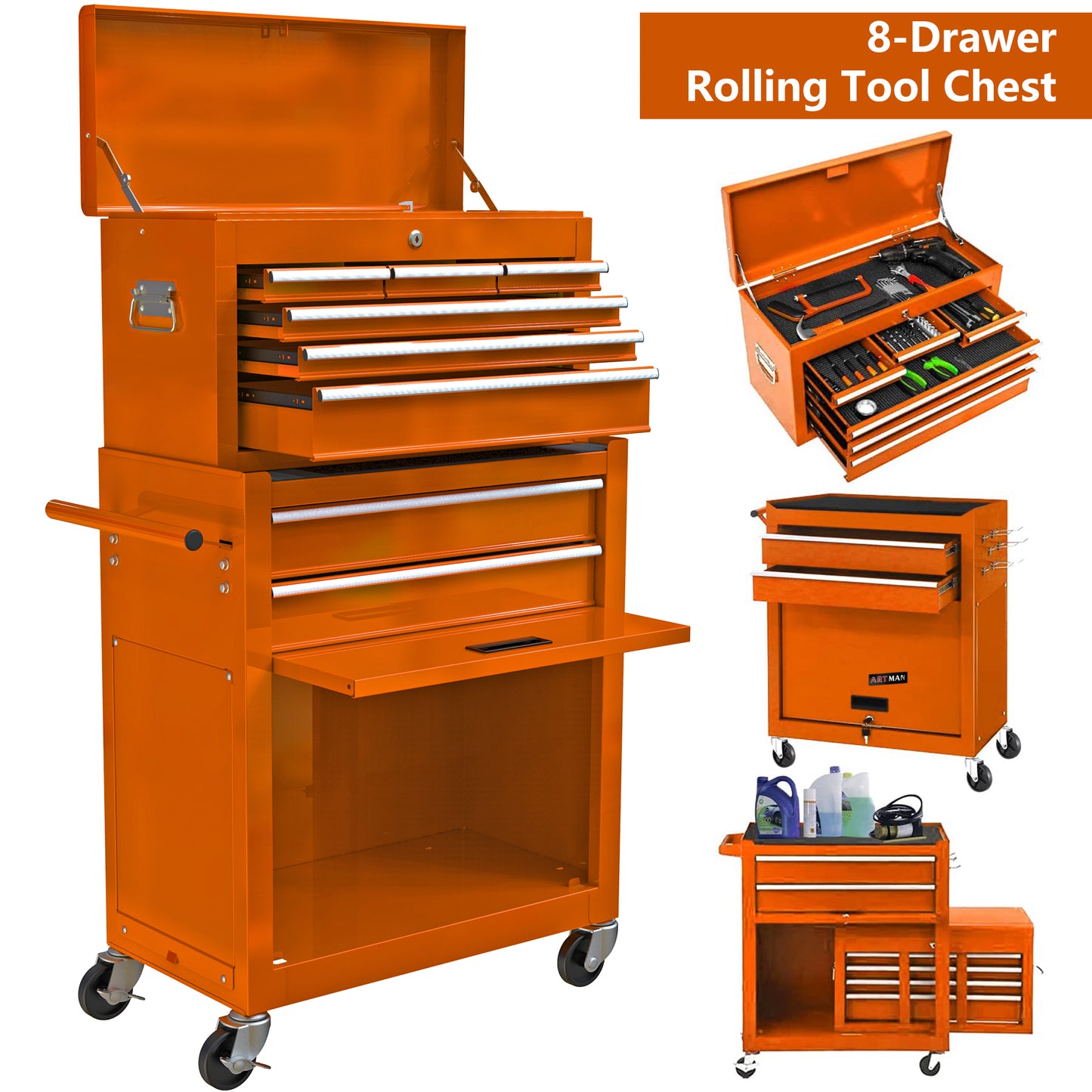 Rolling Tool Box with Wheels and 8 Drawers, High Capacity Rolling Tool Chest with Large Storage Cabinet