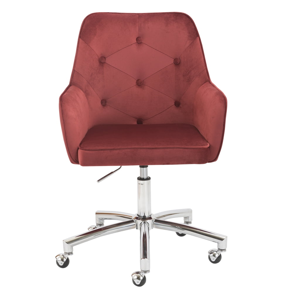 Tufted Backrest Computer Chair, SESSLIFE Adjustable Height Home Office Chair with Swivel Wheels, Modern Vanity Chair with Armrests and Soft Seat, Red Velvet Desk Chairs, X2521