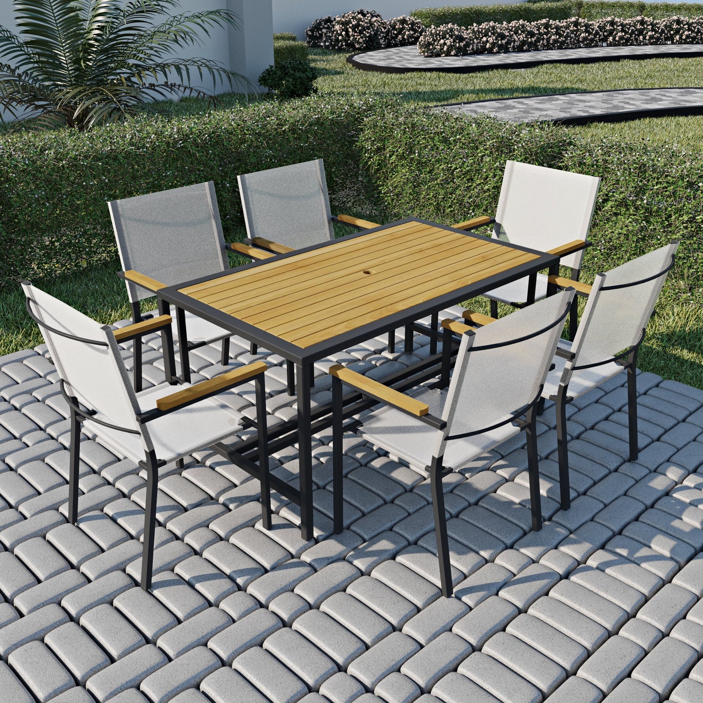 Outdoor Patio Dining Set, Sesslife 7-Piece Outdoor Furniture for Patio Backyard with Shade Umbrella Hole, Patio Conversation Sets Acacia Wood Tabletop, Patio Table and Chairs Set for Backyard, Black