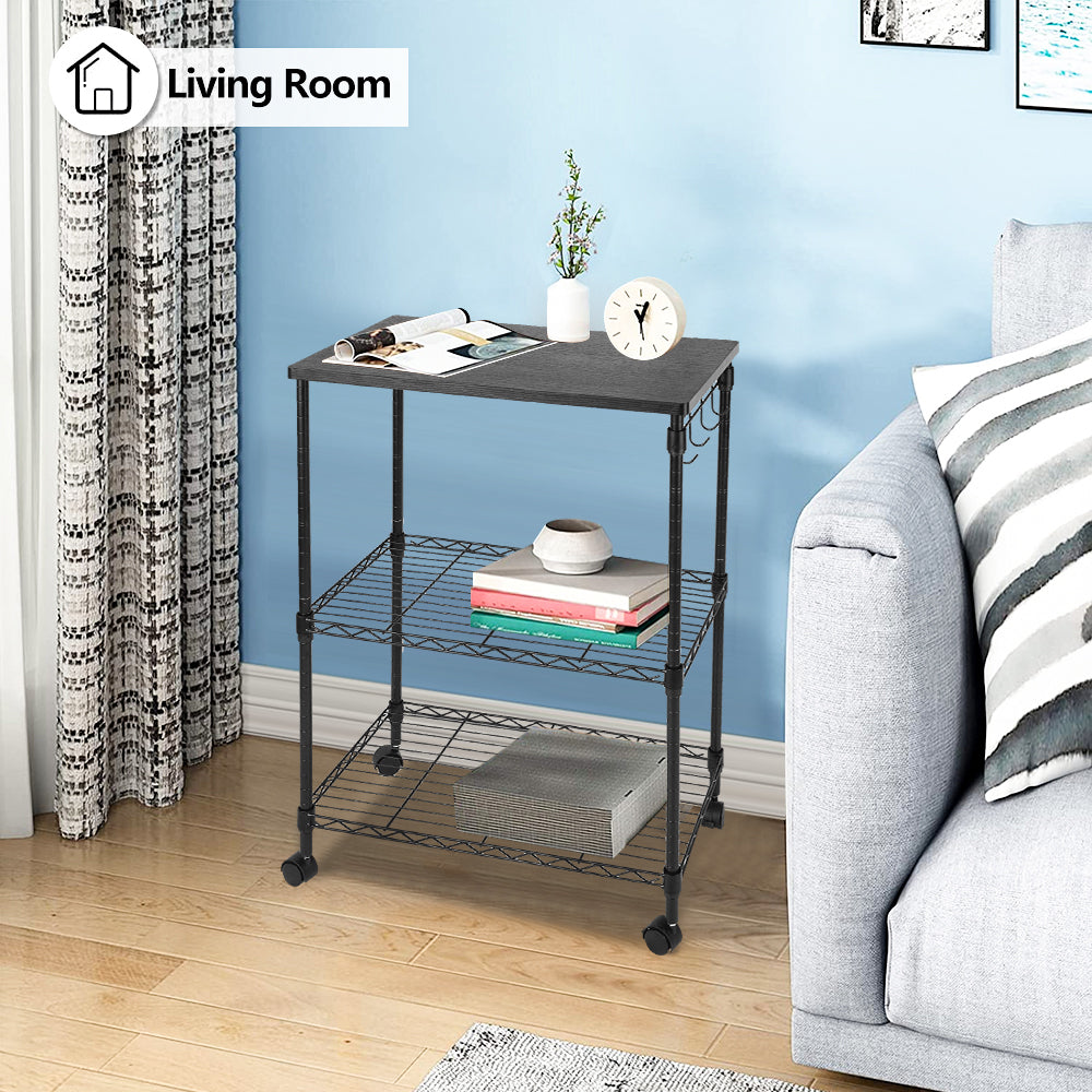 SESSLIFE 3 Tiers Kitchen Storage Cart, Kitchen Island with 4 Hooks, Black Oven Stand Coffee Bar with Metal Frame, Multifunctional Workstation for Kitchen, Living Room