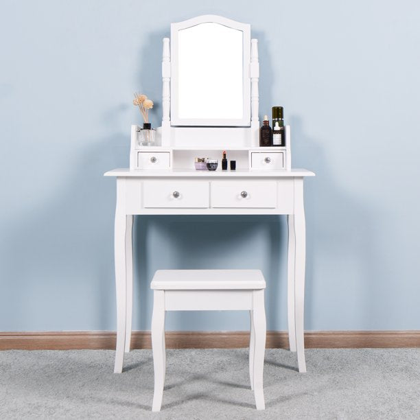 SESSLIFE Wood Desk with Stool, Makeup Desk Set with 4 Drawers and Mirror, White Bedroom Desk Set for Home Office, Bedroom Vanity Desk Set for Girls, Student Kids Study Desk