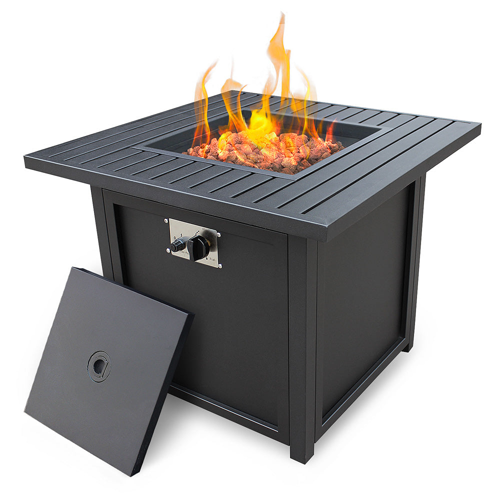 28"Outdoor Gas Fire Pit, SESSLIFE 50,000 BTU Propane Fire Pit with Waterproof Cover, Lava Rack, Lid, Steel Square Fire Pit Table for Backyard Patio Garden, Black, X895