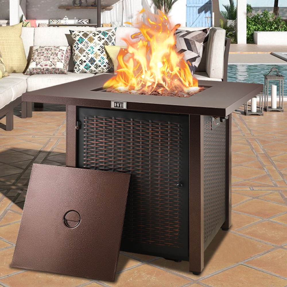 SESSLIFE Propane Gas Fire Pit, Fire Pit for Outside, 28" Steel Fire Pits with Lid, 40,000 BTU Heat Output, Fire Pit for Party Picnic, Square Fire Pit Table for Patio Backyard Garden, Bronze, X555