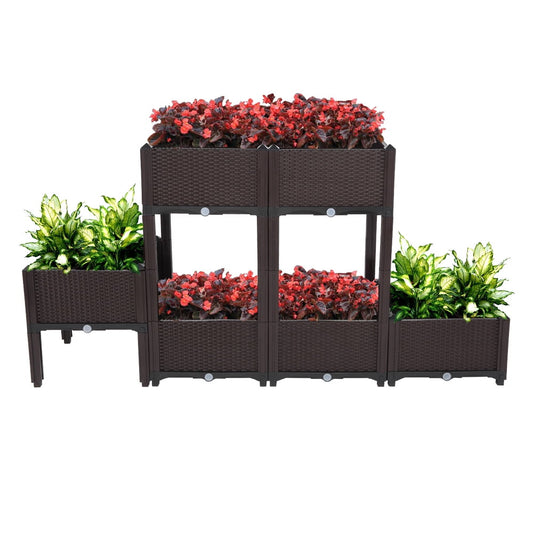 Sesslife Plastic Raised Garden Bed Set of 6, Elevated Planter Box with Drainage Holes, Self-Watering, Elevated Garden Bed for Indoor Outdoor Planting, Brown