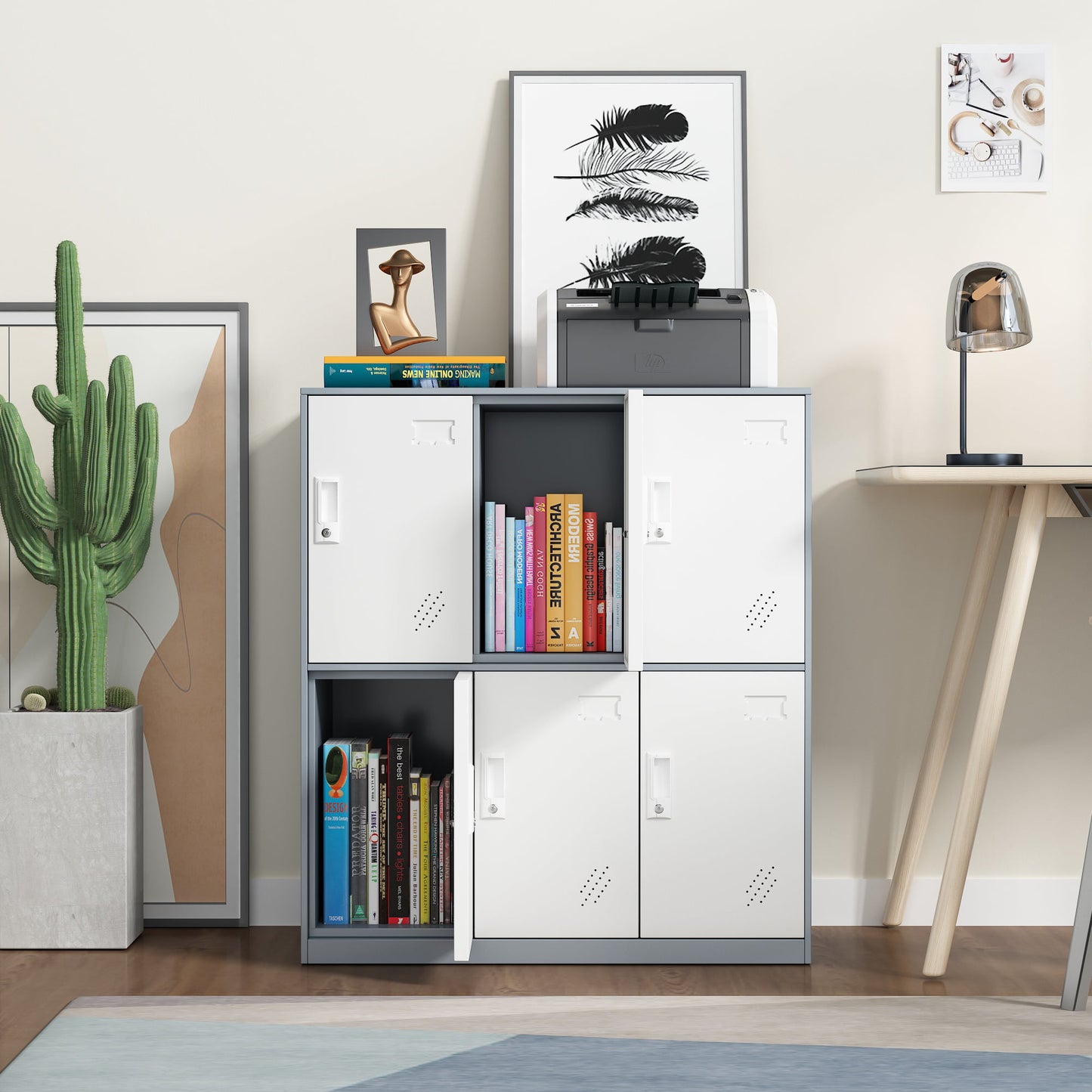 SESSLIFE Lockable Storage Cabinet, Steel Office Cabinet with 6 Storage Compartments, Storage Organiser Stand with 6 Doors and Shelves, 34.6" L X 17.32" W X 35.4