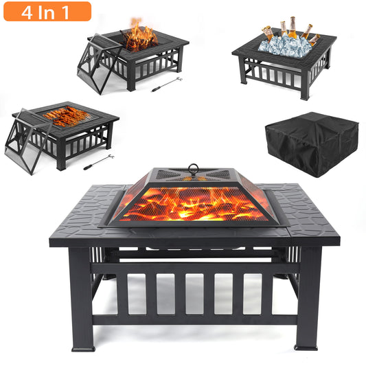 32" Fire Pits for Outside, SESSLIFE Wood Burning Fire Pit with Mesh Lid, Poker, BBQ Net and Cover, Square Fire Pit Table for Backyard Patio, Outdoor Firepit/Grill/Ice Bucket, Black