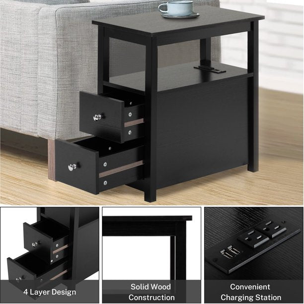 Sesslife Side Table with Drawers and Charging Station, Wood Narrow End Table with Storage for Living Room, Modern Nightstand for Bedroom, Black