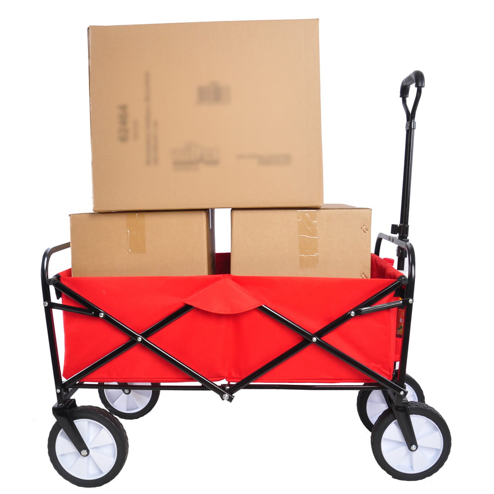 SESSLIFE Wagon Carts, Fold Wagon with Wheels and Height Adjustable Handle, Cup Holders, Collapsible Steel Utility Garden Wagon w/150 LBS Capacity for Beach Camping Garden, Red, X1867