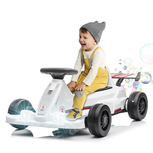 Sesslife White 6V Powered Ride On Go Kart with Bubble Function, LED Light and Horn, Electric Kids Ride on Toys for Boys Girls, Ages 2 and Older Birthday Gift