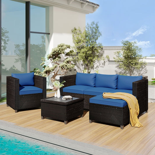 5 Piece Patio Furniture Sets, Sesslife Outdoor Sectional Sofa Set with Coffee Table, 3-Seater Sofa and Chair, Brown Wicker Rattan Conversation Seat with Seat Cushions and Back Cushions, Blue