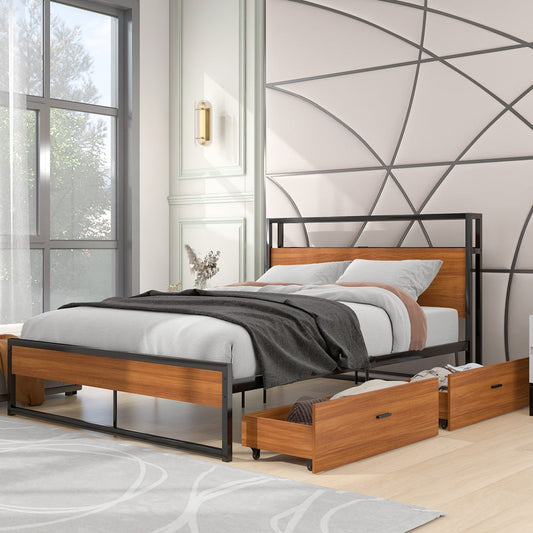 Sesslife Platform Bed Full Size, Metal Bed Frame with 2 Drawers for Bedroom, Modern Industrial Black Bed Frame with Sockets and USB Ports, Storage Full Bed No Box Spring Needed, 440 LBS