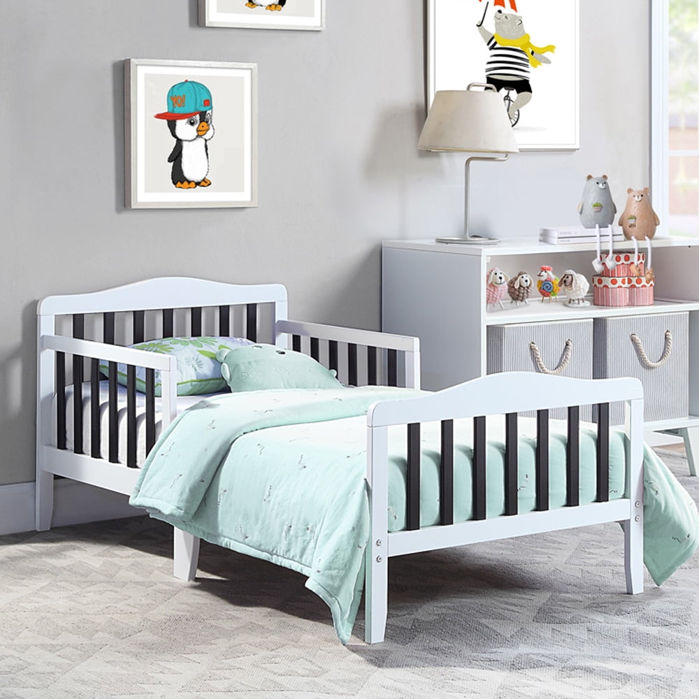 Sesslife Toddler Bed White/Black, Wood Toddler Bed frame for Boys Girls, Platform Bed with Safety Side Rails, Headboard, Kids Bed No Box Spring Needed, Modern Toddler Furniture for Toddler Room