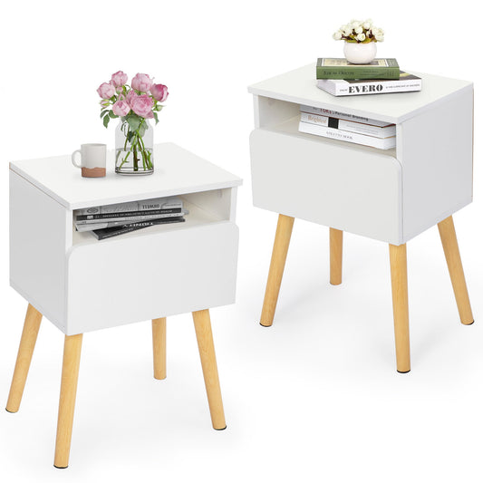 Side Table Set of 2, Sesslife Modern Nightstands with Drawer and Shelf, Wood Bedside Table with Storage for Bedroom Living Room End Table with Pine Legs, White